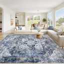 Area Rug 9x12 Washable Rug, Vintage Boho Medallion Rugs Non-Slip Soft Low Pile Large Distressed Rug Indoor Retro Carpet for Living Room Bedroom Dining Room Home Office (Blue, 9'x12')