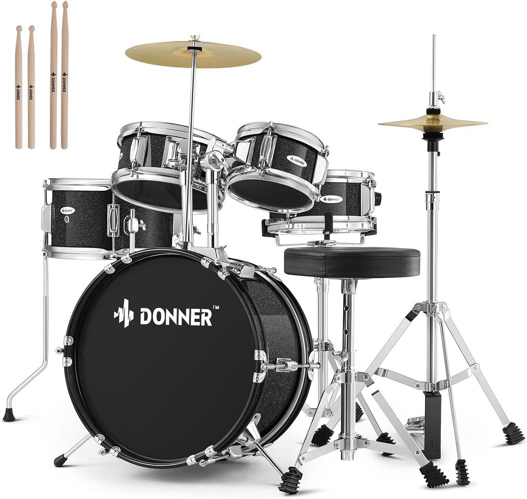 Kid Drum Sets-Donner 5-Piece for Beginners, 14 inch Full Size Complete Junior Drum Kit with Adjustable Throne, Cymbal, Hi-Hat, Pedal & Drumstick, Metallic Black, EDS-220