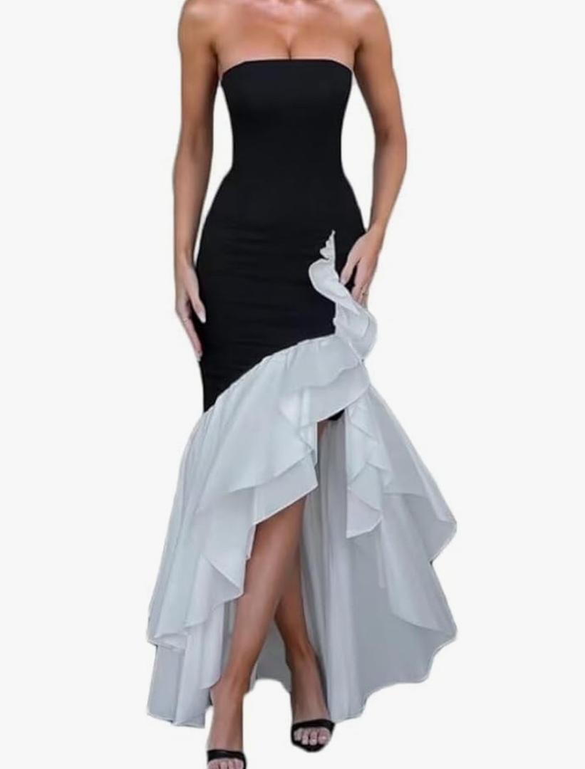 Strapless Satin Mermaid Prom Dress Ruffles Evening Party Dresses for Women Long Corset Formal Gowns with Slit Size M