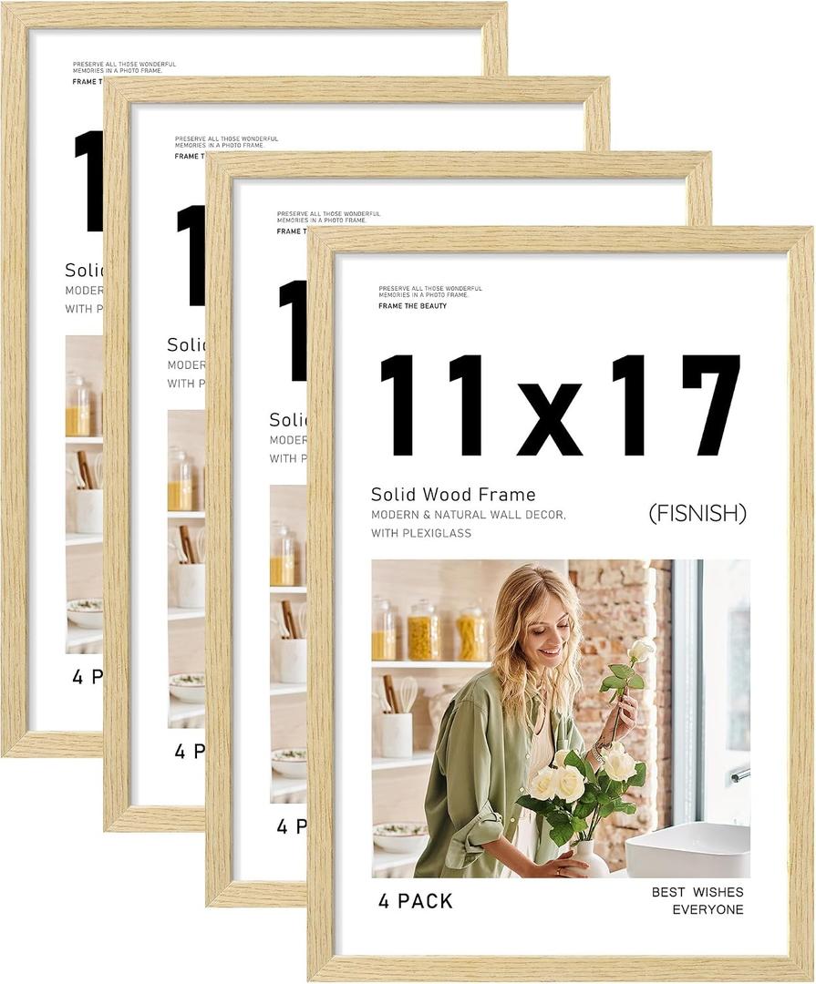11x17 Picture Frame Set of 4, Natural Solid Wood Picture Frames, Display 11x17 Photos without Mat, Horizontal or Vertical Wall Mounting Poster Frame, Oak Wood Grain