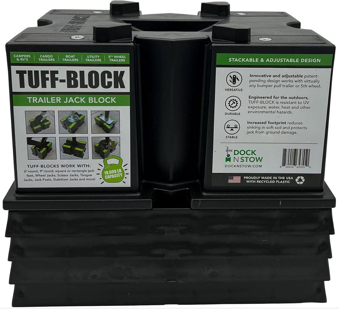 TUFF-Block by Dock N Stow w/ 4 XL Pads Combo RV Leveling Blocks for Camper, Tongue Jack Stands for Stabilizer Scissor Jacks Block Stacks on Pads for Added Height Level Your Trailer (Black) 