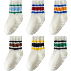 Toddler Grip Socks with Non-Slip, Unisex Baby Retro Stripe Seamless Crew Ankle Cotton Socks for Girls Boys 6 Pairs (3-5T)