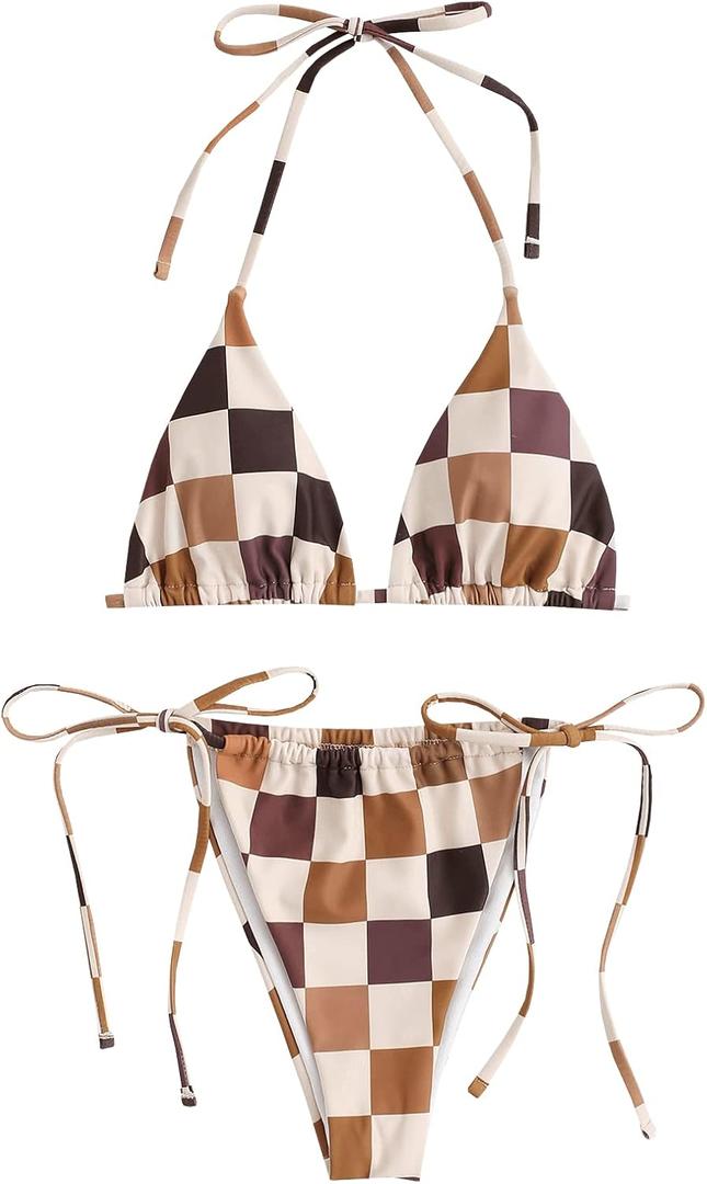 ZAFUL Triangle Bikini for Women 2 Piece Halter Bikini Sets Sexy High Cut Bathing Suit Side Tie Swimsuits (Small, 0-coffee-plaid)