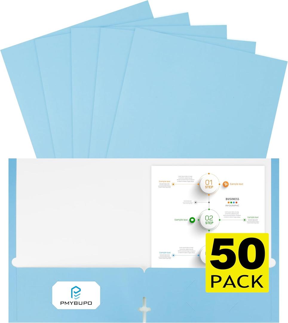 Blue Folders with Pockets 50 Pack Pastel Colors,2 Pocket Folders Fit Letter Size Paper,Paper File Folder for School Office Home Bussiness