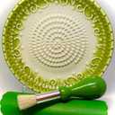 All-in-one Premium Ceramic Garlic Grater Plate 4-Piece Set - Green Embossed Design and Style - For Garlic, Ginger, Chocolate, and more! - Comes with 5.25" Plate, Peeler, Brush, and Stand