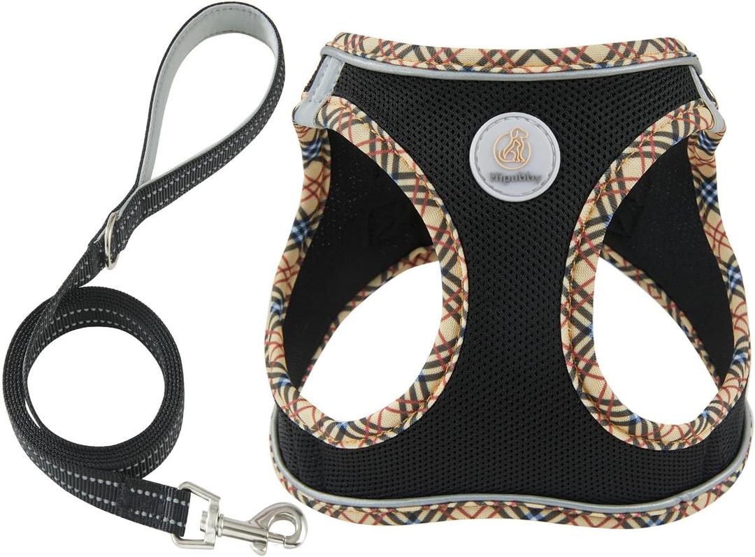 Hipubby Dog Harness Small Sized and Leash Set, No Pull Soft Mesh Puppy Vest, Reflective Breathable Lightweight Pet Harness, Harness for Small Medium Dogs and Cats - Black/Khaki Trim, M (M (Chest: 16.8"-18.5"))