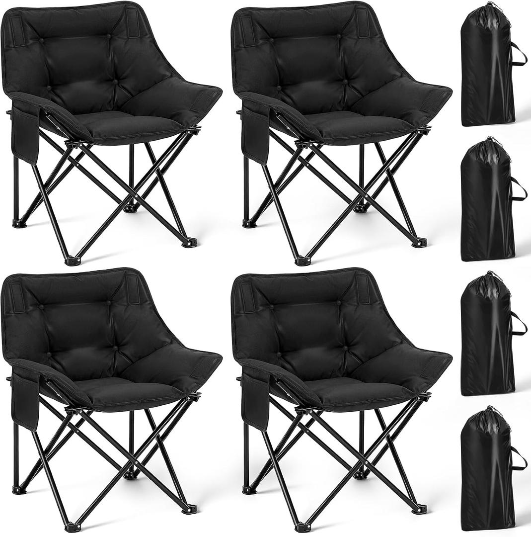 Redbaker 4 Pack Padded Camping Chairs for Adults Oversized Heavy Duty Folding Lawn Chair 400 Lbs Support with Carry Bag for Outdoor Camping Beach Fishing Patio, Black, 27 inches x 20 inches x 28.35 inches