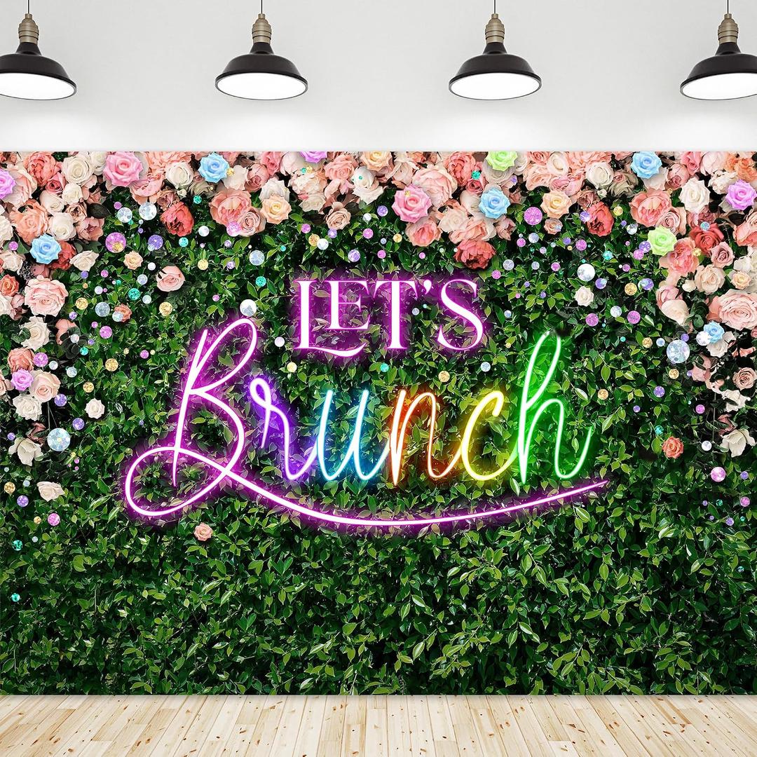 Riyidecor Green Leaves Let's Brunch Backdrop Polyester Fabric Neon Pink Rainbow Floral 7Wx5H Feet Greenery Photography Background Grass Lawn Women Brunch Party Photo Studio Shoot