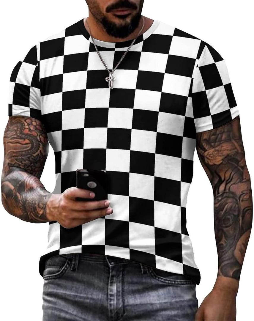 Men's Cotton T-Shirt -Black White Race Checkered Flag Pattern, Casual Graphic Crew Neck Short Sleeve Tees Tops (XL)
