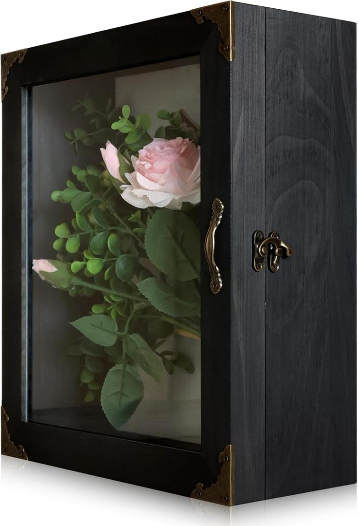 Shadow Box Frame 11x13, Depth 5in Shadow Boxes Display Cases, Acrylic Door, Rustic Burnt Wood, Vintage Metal Accents, Hinged Door, Metal Handle and Latch, Linen Back