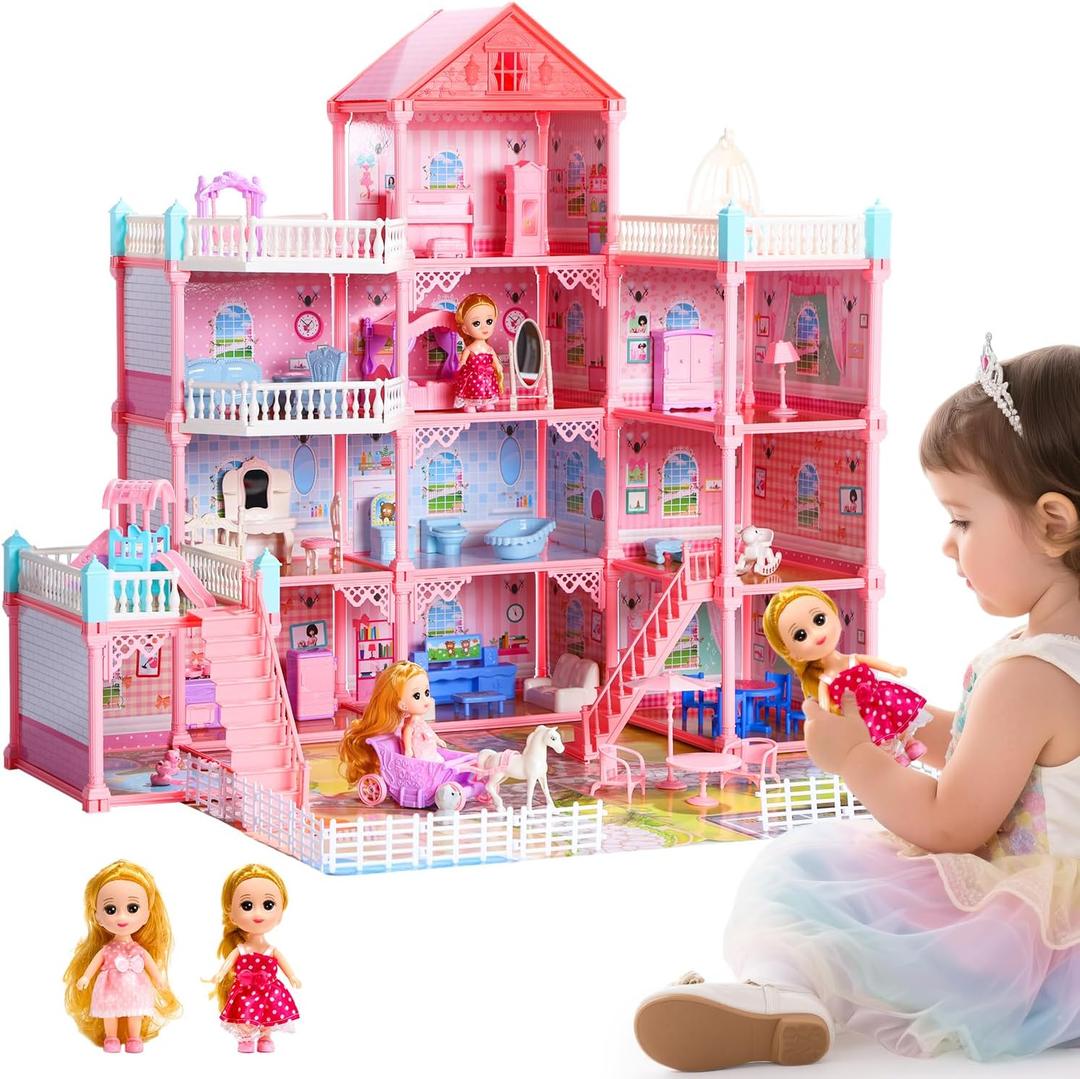 Huge Dollhouse for Girls  Large Pretend Play Doll House for Kids with Dolls, Furniture