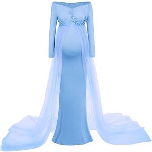 Women's Long Sleeve Off Shoulder Maternity Maxi Photography Dress Tulle Wedding Mermaid Gown for Photoshoot Baby Shower, XL