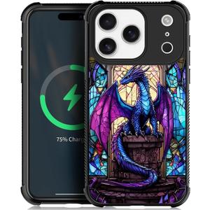 Compatible with iPhone 17 Pro Magnetic Charge Case Shockproof Protective for Man Women Non-Slip for iPhone 17 Pro Crazy Pattern Stained Glass Blue Purple Diamond Dragon