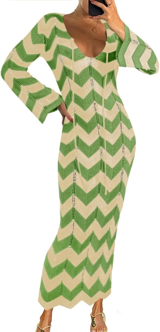 Saodimallsu Womens Striped Bodycon Beach Dress V Neck Tie Front Bell Sleeve Crochet Cover Up Vacation Long Dresses (Green) Saodimallsu Womens Striped Bodycon Beach Dress V Neck Tie Front Bell Sleeve Crochet Cover Up Vacation Long Dresses (Green)