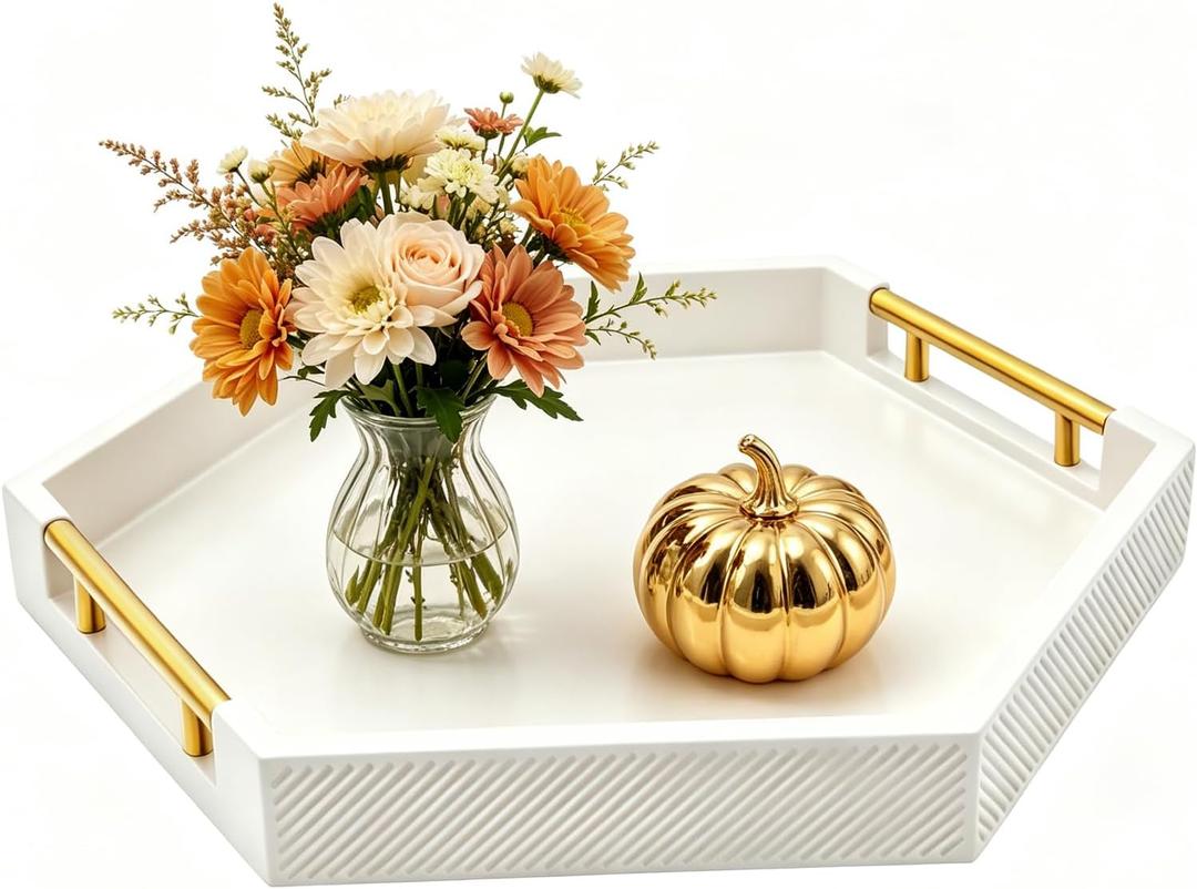 Hexagon Decorative Serving Tray with Polished Gold-Tone Metal Handles, Black Glossy Finish, Large Ottoman and Coffee Table Tray, 17.7x15.4x2 Inch (White)