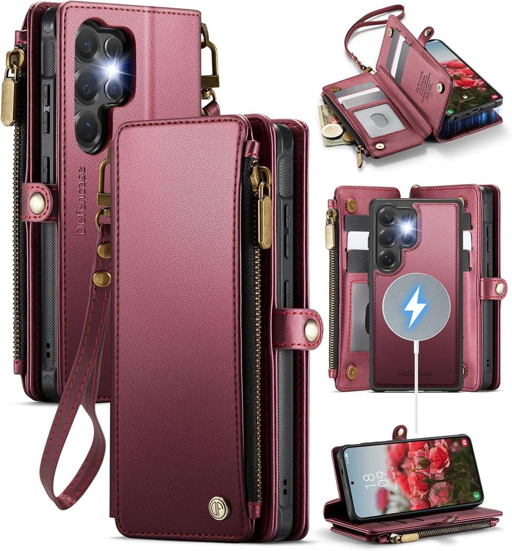 Defencase for Samsung Galaxy S25 Ultra Magnetic Wallet Case Compatible with Magsafe with RFID Blocking Zipper & Card Holder Women, PU Leather Detachable Phone Case for Galaxy S25 Ultra 6.9", Wine Red