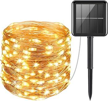 AMIR Solar String Lights Outdoor, 8 Modes Mini 39 Feet 120 LED Copper Wire Lights, Solar Powered Fairy Light, Waterproof Decoration Light for Garden Yard Party Wedding Christmas, Warm White
