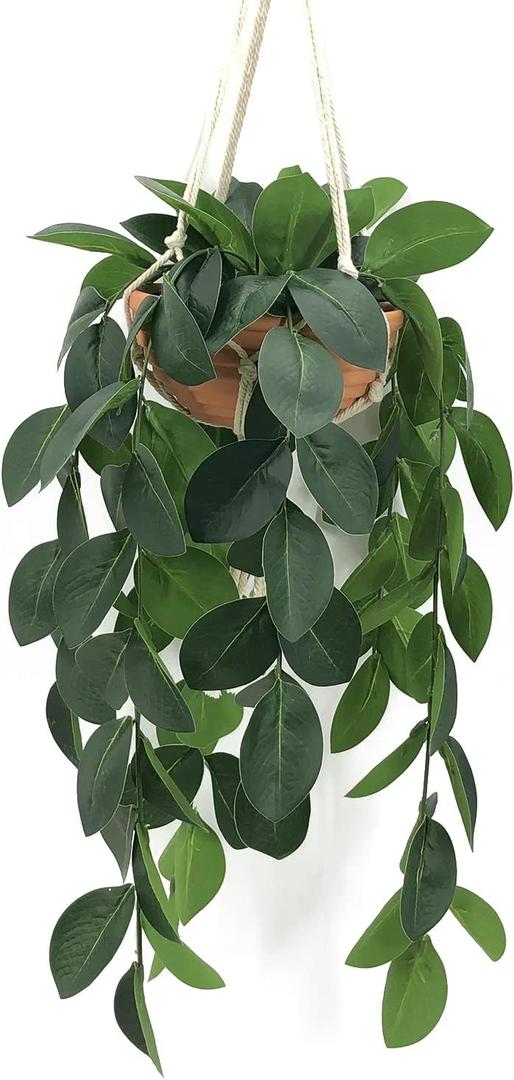 Hanging Plants Artificial Decor, Fake Hanging Plant in Clay Pot Artificial Hanging Plants with Fake Leaves and Hook for Wall Home Room Indoor Outdoor Decor (Dark Green)