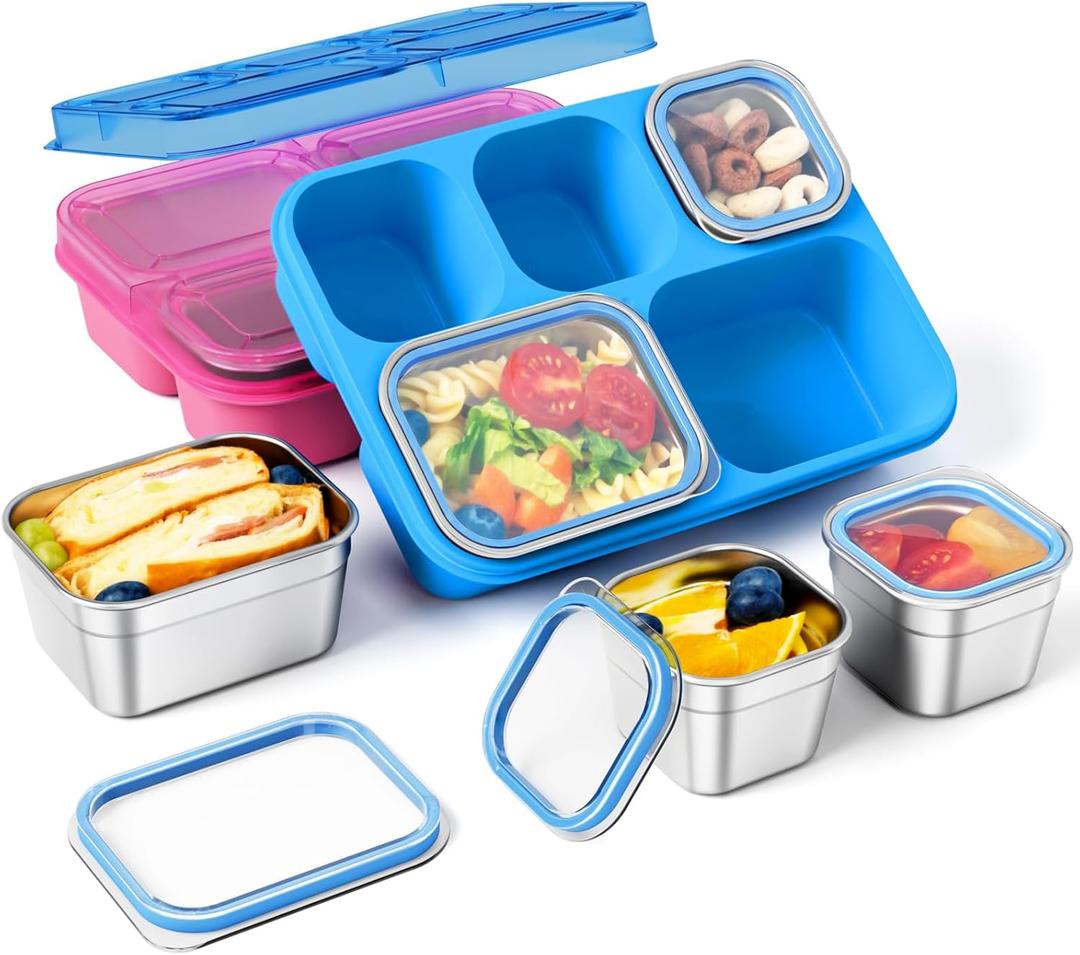 Freshmage Stainless Steel Snack Containers - 2 Pack, BPA-Free Lunch Bento Box with 5 Compartment, Reusable Food Storage Snackle Box for School, Work, and Travel, Dishwasher Safe (Pink/Blue)