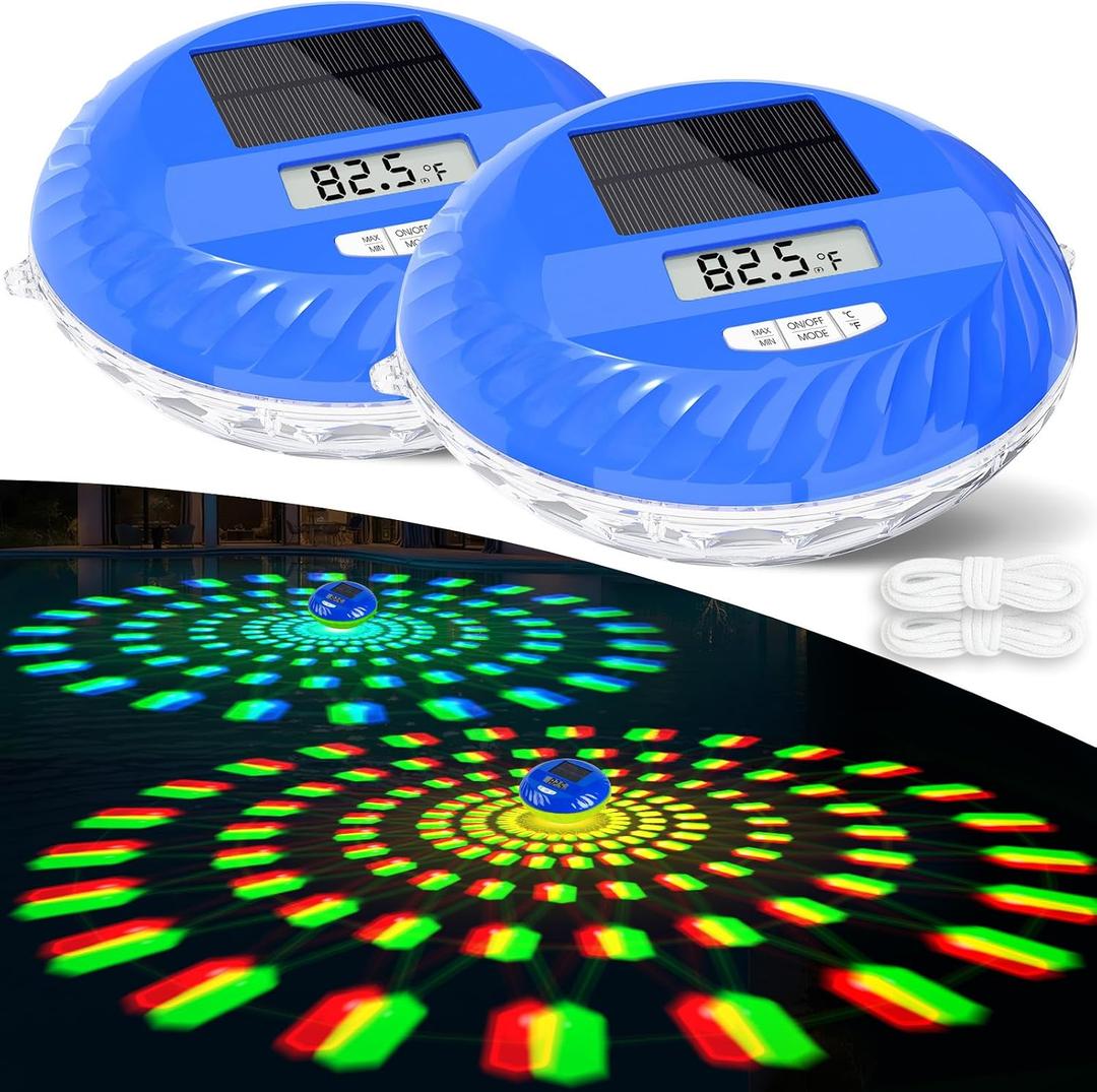 2026 Solar Pool Lights with Digital Pool Thermometer,Color Changing Floating Pool Lights that Float IP68 Waterproof,Hangable Solar Powered Floating Light for Pool Lighting Party Decor-2 PC
