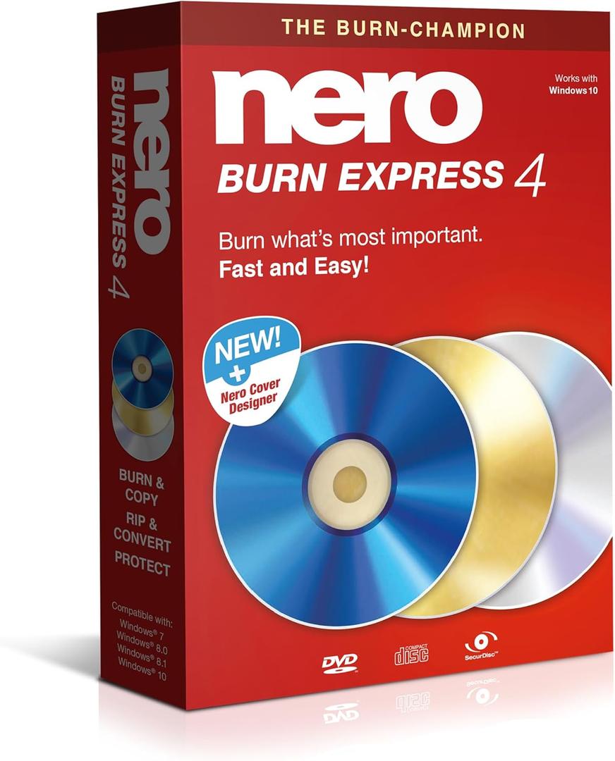 Nero Burn Express 4 | Burn CD DVD Bluray | Copy | Rip | Convert | Backup | Protect | 1 PC | Windows 10 / 8 / 7