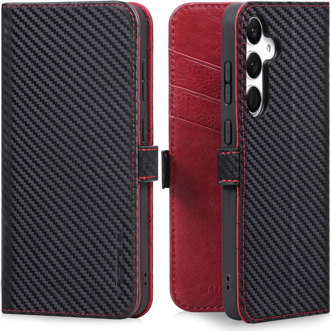 VISOUL Leather Case for Samsung Galaxy S25, Genuine Leather Magnetic Wallet Case Card Holder Kickstand Flip Folio Phone Cover Compatible with Samsung S25 (6.2 inch) Black+Red