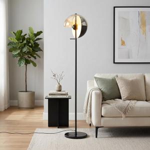Mid-Century Modern Floor Lamp, Amber Glass & Matte Black Metal Shade, Rotatable Directional Lighting, Marble Base Standing Lamp for Living Room Bedroom Office(Black)