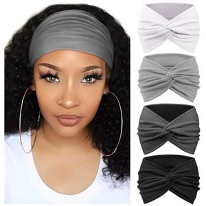 DRESHOW 4 Pack Turban Headbands for Women Wide Vintage Head Wraps Knotted Cute Hair Band Accessories (4 Pcs: Black/Dark Grey/White/Grey)