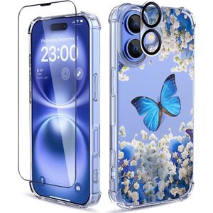 for iPhone 16 Case,[3 in 1] with Screen Protector & Camera Lens Protector, Flower Pattern Design,Clear Soft Shockproof Slim Floral Phone Cover for Women Girls 2024 6.1"(Butterfly/Blue)