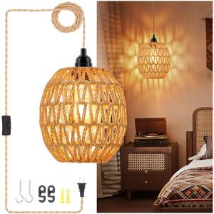 Plug in Pendant Light - Boho Rattan Hanging Lamp with 15ft Hemp Rope Cord, 3-Bohemia