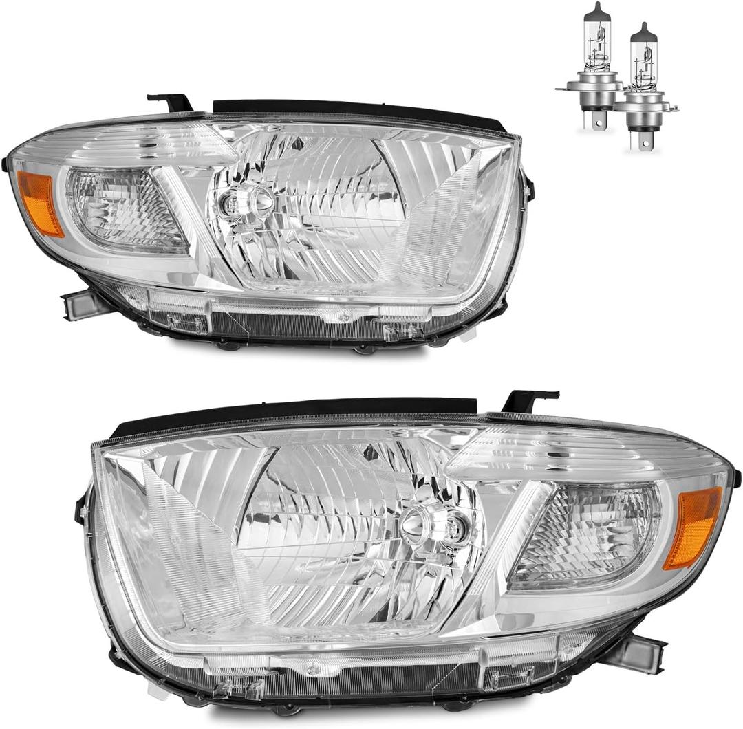Headlights Assembly for 2008-2010 Toyota Highlander, Sport Utility Headlamp Replacement Chrome Housing Driver & Passenger Side (Chrome | With High & Low Beam Bulbs)