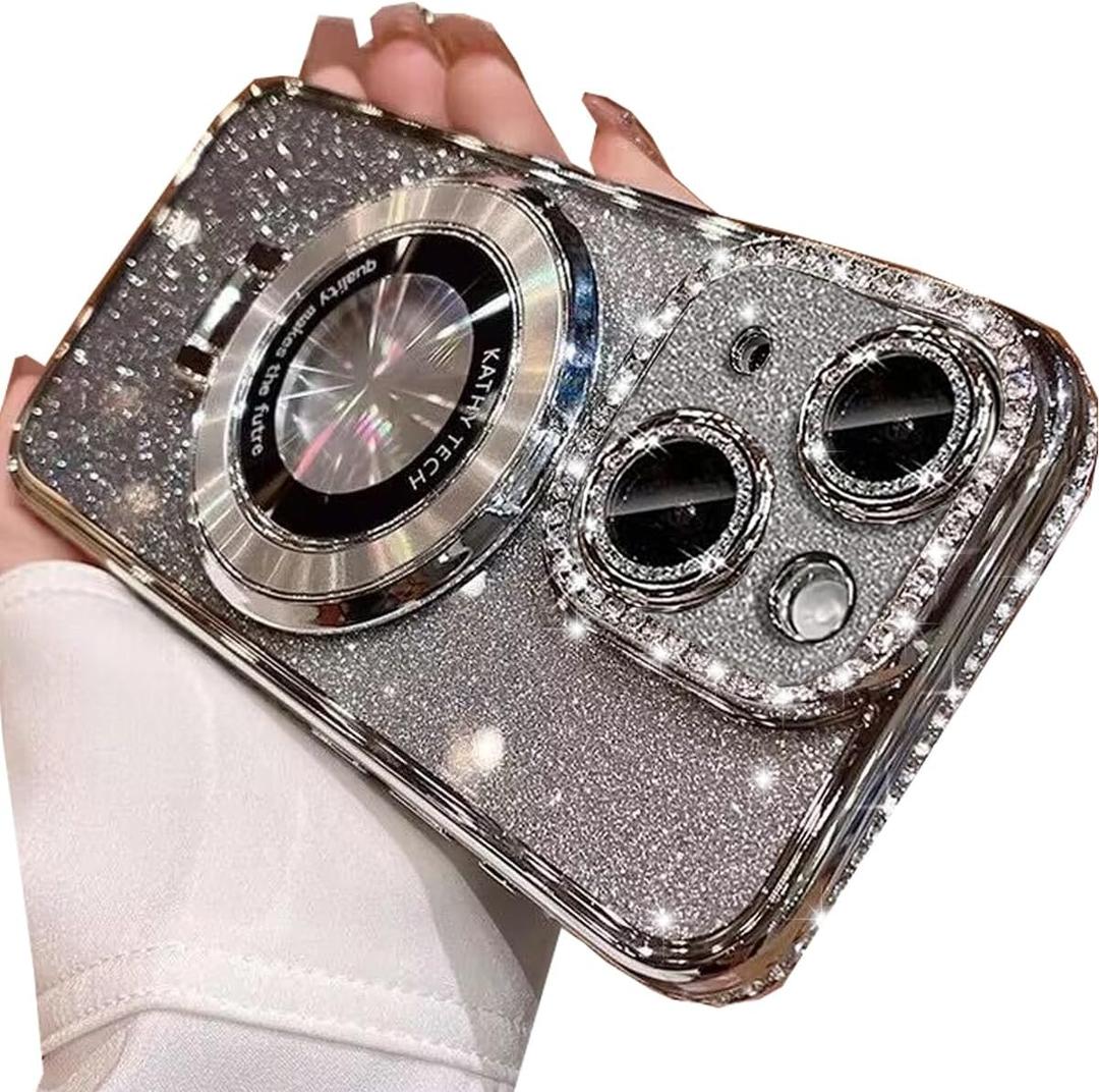 Magnetic Kickstand Glitter Case for iPhone 15 Plus,[Compatible with Magsafe] Luxury Bling Sparkly Diamond Rhinestone with Camera Protector Soft TPU Women Girl Case for iPhone 15 Plus (Silver)