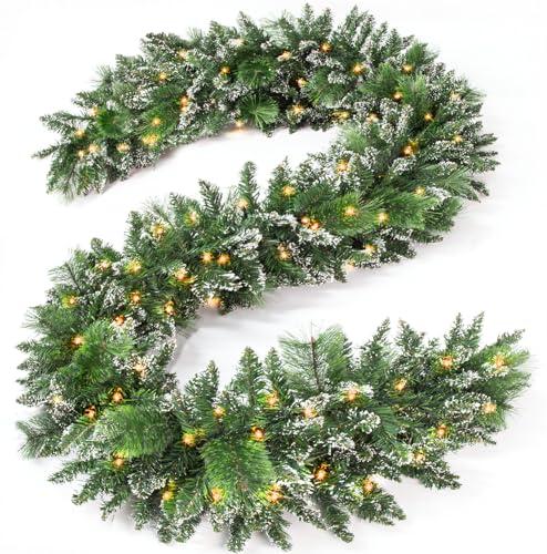 Jin&Bao 9FT Christmas Garland with Lights, 100 LED Prelit Green Pinecone Garland Christmas Decorations with Timer Function, 3AA Battery Operated Xmas Garland Mantle Stairs Door Outdoor