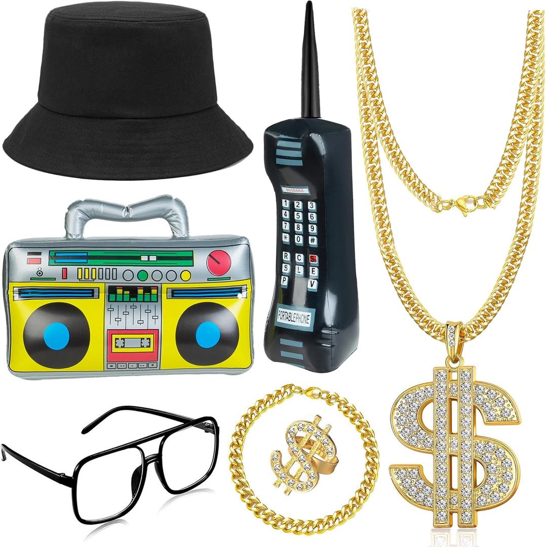 GIFIKOI 80s 90s Hip Hop Costume Outfit Kit Mobile Phone Inflatable Radio Box Necklace Bracelet Ring Glasses Hat Rapper Costumes Accessories Set (Black)