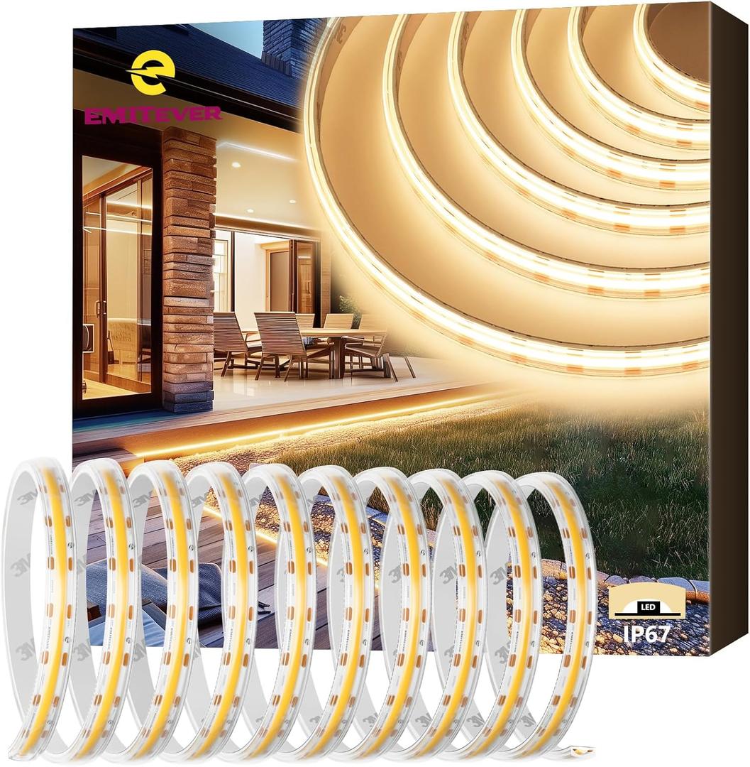 EMITEVER COB LED Strip Lights Waterproof IP67, 3000K Warm White Outdoor 24V Dimmable Silicone LED Tape Lighting 16.4ft High Density, 300+LM/ft, 2400LEDs,3W/ft, UL Listed (Power Supply Not Included)