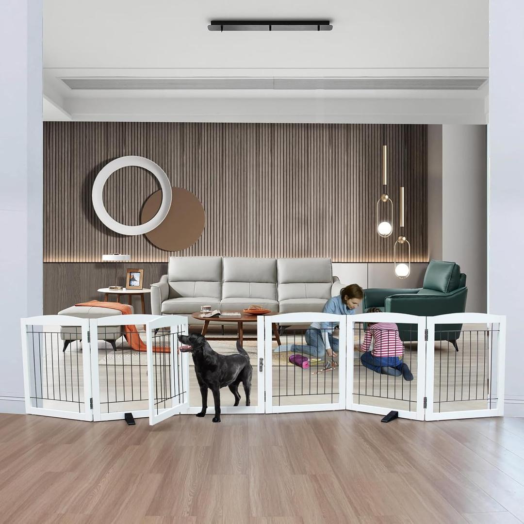 Foldable Freestanding Dog gate with Door Indoor, Wooden White Pet Gate for Doorway, Stairs, House, or Room, Dog Fence with Support Feet Included, 24" Height, 6 Panels