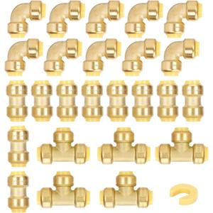 1/2" Push to Connect Fittings,PEX Pipe Fitting 1/2 Inch Set,With Coupling(10 PCS),90 Degree Elbow(10 PCS),Tee(5 PCS),Disconnect Clip(1 PCS),Push to Connect for Quick Connection to PEX Tube