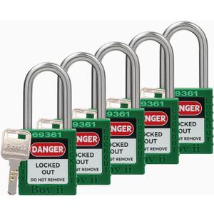 Lockout Tagout Locks Set, 5 Green Lockout Tagout Safety Padlocks Keyed Alike, 1 Key Per Lock