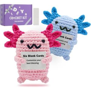 Auoinge Crochet Kit for Beginners Kids, Learn to Crochet Starter Kit with Step-by-Step Video Tutorials, Amigurumi Beginner Crochet Kit for Adults, Knitting Kit Family (Axolotl-2BP)