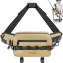 THKFISH Waterproof Fishing Waist Pack with Fishing Rod Holder, Fishing Tackle Bag with Adjustable Strap, Airtight Zipper Closure, Lightweight Sling Fishing Waist Bag for Fly Fishing, Brown