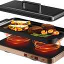 Portable Compact 2 Burner Induction Cooktop Electric Stove w/Smokeless Cast Iron Griddle Grill & Temperature Control & Child Lock, Rose Gold