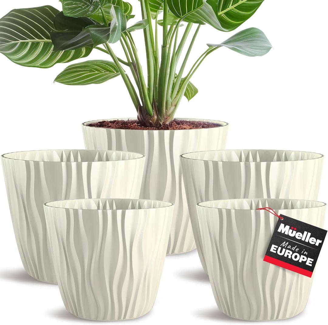 European-Made 5/ 1 Plant Pots and Flower Pots Set for Indoor and Outdoor Use - Modern Decorative Planters for Outdoor/ Indoor Plants, Flowers, and Herbs - 2 x 6", 2 x 7.5", and 1 x 9.2" Pots, Beige