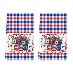 Artoid Mode Colorful Checkered Vase Floral 4th of July Kitchen Towels Dish Towels, 18x26 Inch Independence Day Decoration Cleaning Set of 2