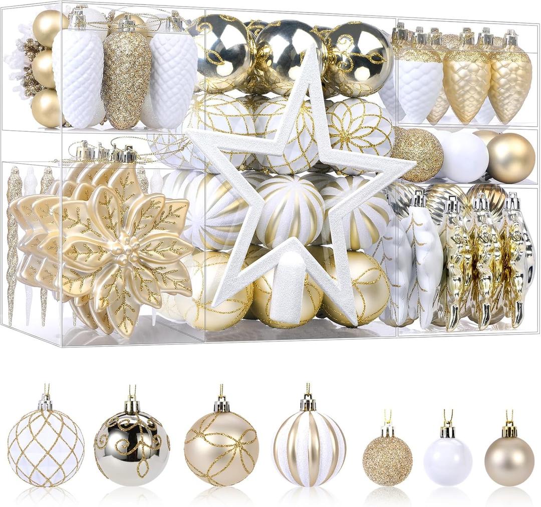 SHareconn 106PCS Christmas Balls Ornaments Set, Colorful Shatterproof Plastic Decorative Baubles for Xmas Tree Decor Holiday Wedding Party Decoration with Hanging Hooks, Gold &White