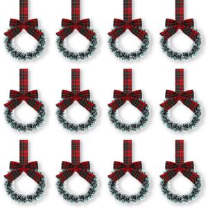 Retrowavy 12 Pcs Christmas Kitchen Cabinet Wreaths with Ribbon 3.94 Inch Mini Christmas Wreath Small Kitchen Xmas Decor for Window Door(Multicolor Plaid,Snowy Style)
