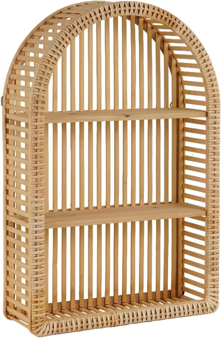 Rattan Wall Shelf - 3 Tier Boho Arch Hanging Shelves Handcraft Floating Shelf for Bathroom Living Room Wall Decor, 15.75" x 23.62"