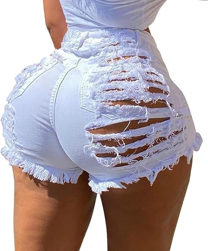 Gobles Women's Ripped Mid Waisted Denim Shorts with Pockets Size M