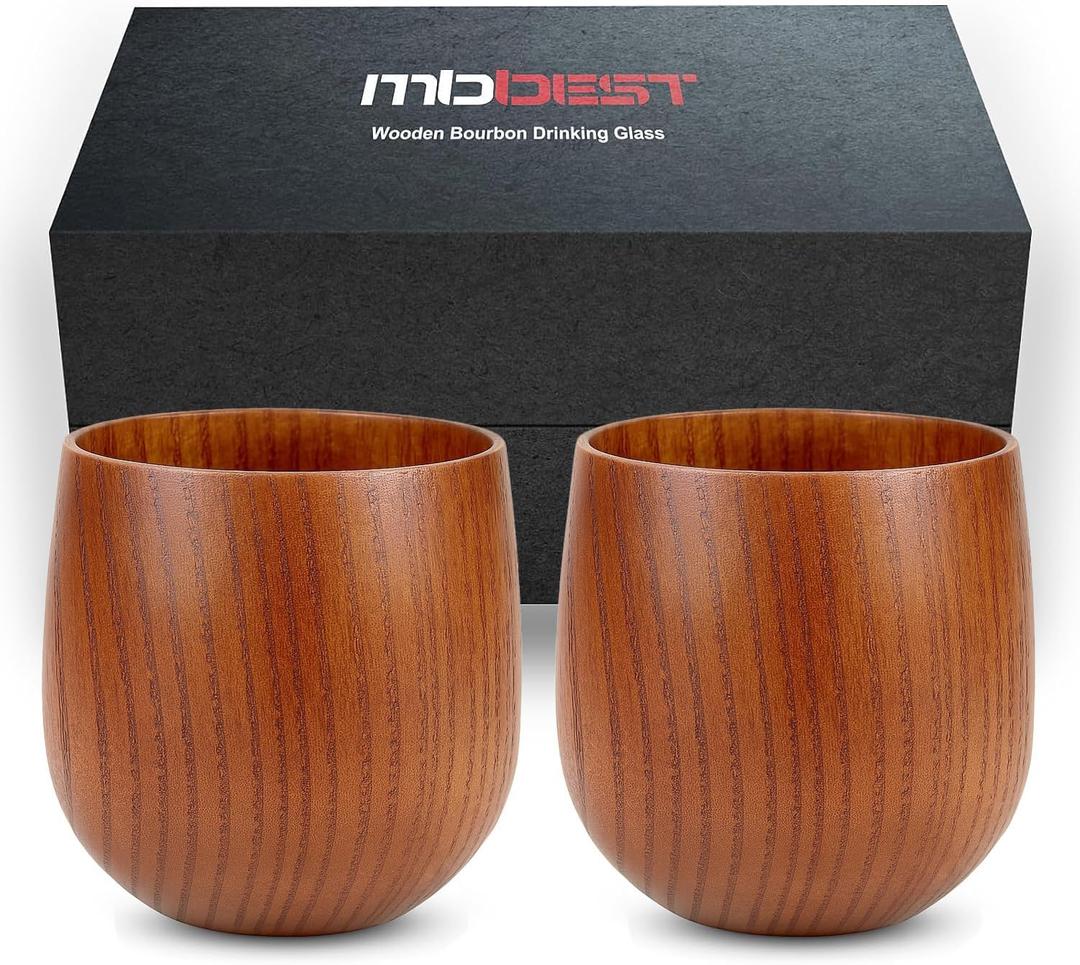 Handcrafted Wooden Whiskey Glasses Gift Set for Men  Set of 2 Old Fashioned Bourbon Cups with Luxury Gift Box | Break-Resistant, Unique Wood Grain | Idea Gifts for Father, Husband & Whiskey Lovers
