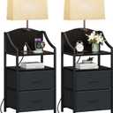Evermagin 45" Tall Nightstands Set of 2 with Light, Nightstand with Charging Station, USB Ports and Outlets, Bedside Table End Table with 2 Fabric Drawers for Bedroom, Dorm, Black