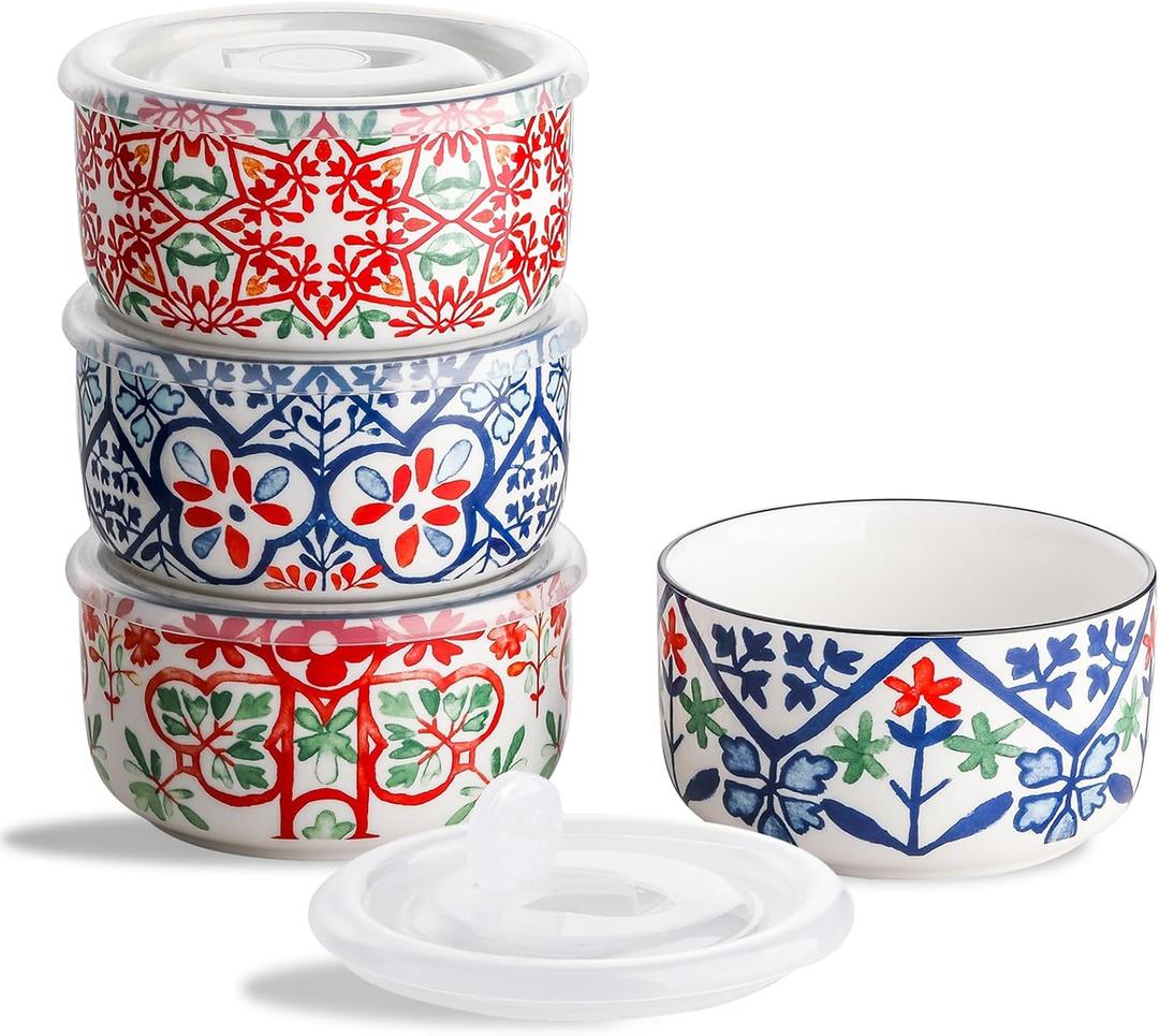 Ceramic Bowl with Lid: Microwave Safe Soup Containers Set of 4 for Meal Prep, Cereal, Salad, Picnic, Camping, Office Lunch, Kitchen Food Storage - 5 Inch, 20 oz, Design A